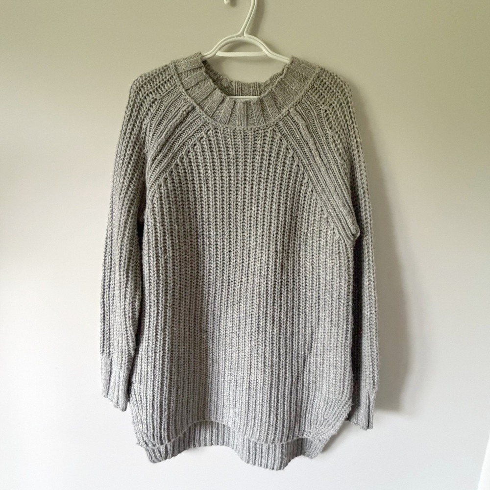 RuffHewn Gray Chunky Shaker Knit Wool Blend Sweater Crew Neck High Low Hem Large